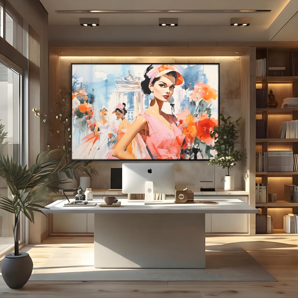Tablou canvas cu tablou canvas cu femei la moda retro, in rama de aluminiu negru, pe perete intr-un birou